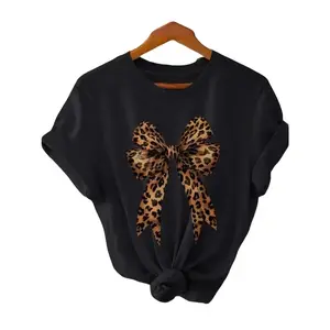 Leopard Print Bow Printed  T-shirt  Material Comfortable and Breathable Top Machine Washable Unisex Women