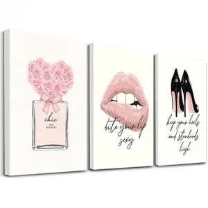 3pcs Elegant Chic Wall Art, Sensual Lips Poster, High Heels Art Prints, Glamorous Party Home Decor, Modern Wall Paintings, Modern Floral Paintings, Cozy Canvas Posters Wall Arts, Decor for Living Room, Restaurant, Kitchen, Bedroom, Gift, With Frame family