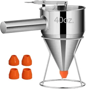 Pancake Batter Dispenser  40oz Stainless Steel No-Drip Funnel, 4 Interchangeable  Nozzles, Easy Control Batter Dispenser for Pancakes, Cupcakes, Funnel Cakes, Muffins & More