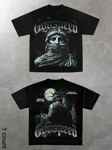 Black Retro Y2K Graphic Tee for Men and Women, Dark “GODSPEED“ Design with Vintage NYC Back Print, Perfect for Concert Goers and Street Style Lovers