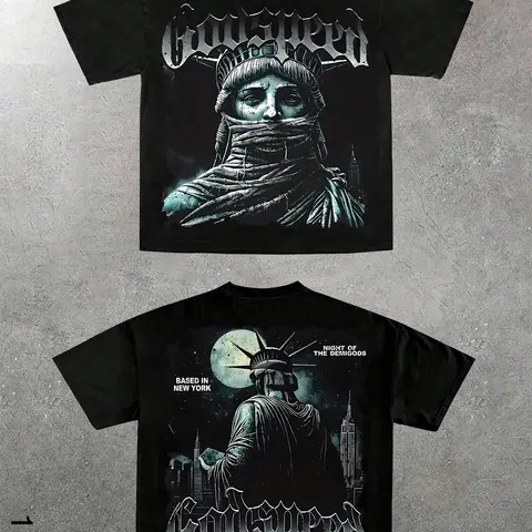 Gothic Font Godspeed Graphic Print Long Sleeve Top, Casual Fitted Design, Dark American Culture Aesthetic, Unisex Fashion Trendy Clothing
