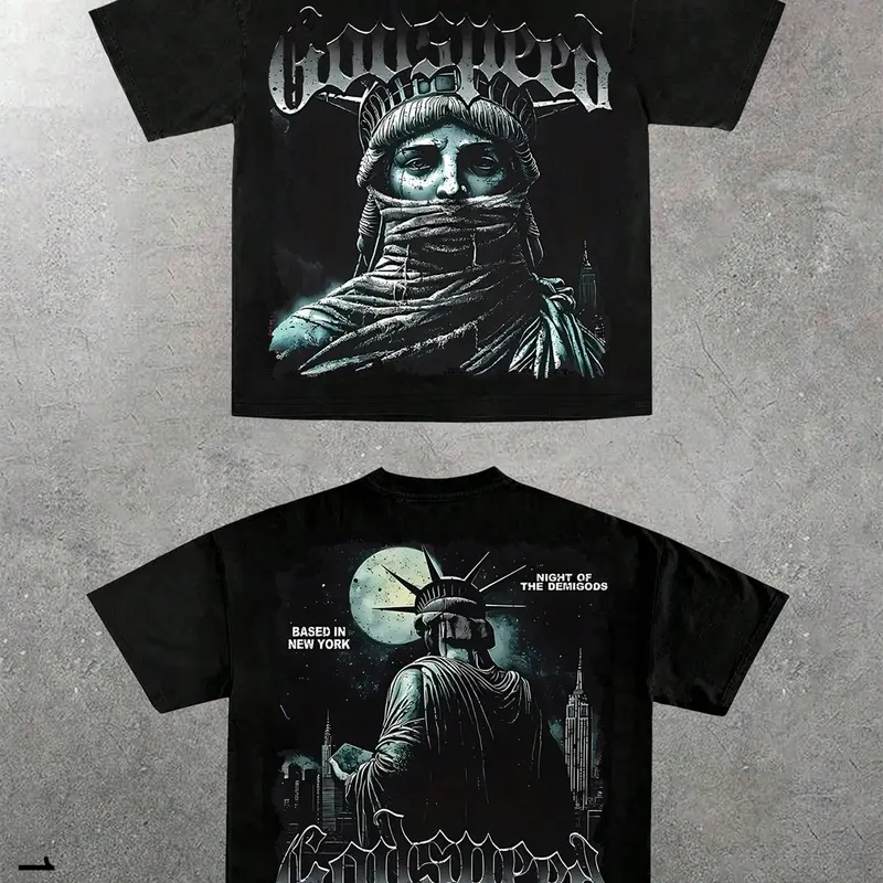 Gothic Font Godspeed Graphic Print Long Sleeve Top, Casual Fitted Design, Dark American Culture Aesthetic, Unisex Fashion Trendy Clothing