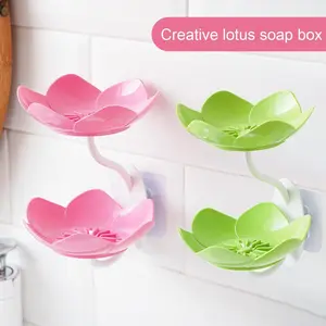2pcs Creative Lotus Flower Bathroom Soap Dish Removable Double Layer Suction Cup Wall Mounted Shower Soap Holder Shower Soaps Box Bathroom Accessories Home Goods Bathroom Supplies