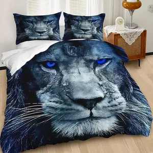 Surreal Blue & Gray Lion Duvet Cover Set, Fierce Bedding Set with Striking Bright Blue Eyes, Soft and Cozy Fabric, Ideal for Unique Bedroom Decor, Perfect for Animal Lovers!, Bed Sets, Contains 1 duvet cover, 1 or 2 pillowcases (without filling)