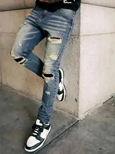 Men's Deep Blue Slim Fit Elastic Denim Jeans, Knee Patched Design, Vintage Wash, Street Style, All Seasons, Zipper Fly, Natural Waist