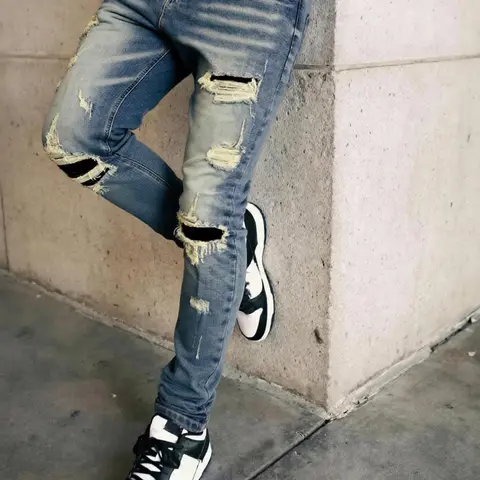 Men's Deep Blue Slim Fit Elastic Denim Jeans, Casual Jean, Knee Patched Design, Vintage Wash, Street Style, All Seasons, Zipper Fly, Natural Waist, Pants, Streetwear, Hole, Ripped Distressed Jeans