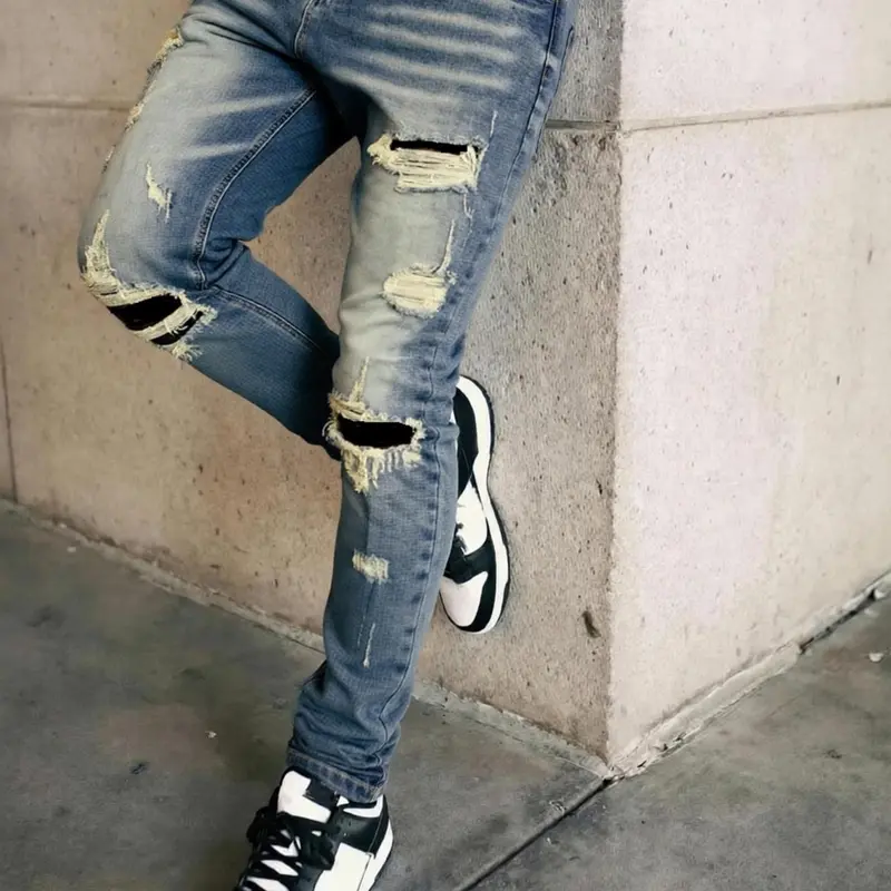 Men's Deep Blue Slim Fit Elastic Denim Jeans, Casual Jean, Knee Patched Design, Vintage Wash, Street Style, All Seasons, Zipper Fly, Natural Waist, Pants, Streetwear, Hole, Ripped Distressed Jeans