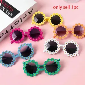 6/1pcs-Kids Daisy Flower Round Frame glasses Children Girls Girly Birthday Wedding Party Photo Props Summer Outdoor Party Decor Accessories Eyewear Supplies（Non sunglasses）