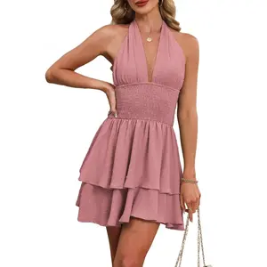 2026 New Womens Halter Neck Deep V Neck Ruffle Hem Mini Dress Casual Summer Swing Dress For Vacation