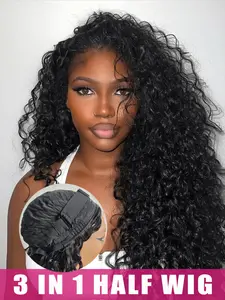 Water Wave Half Wig Human Hair 200% Density 3 In 1 Seamless Flip Over Half Wigs Human Hair Glueless Wear And Go Beginner Friendly Curly Wigs