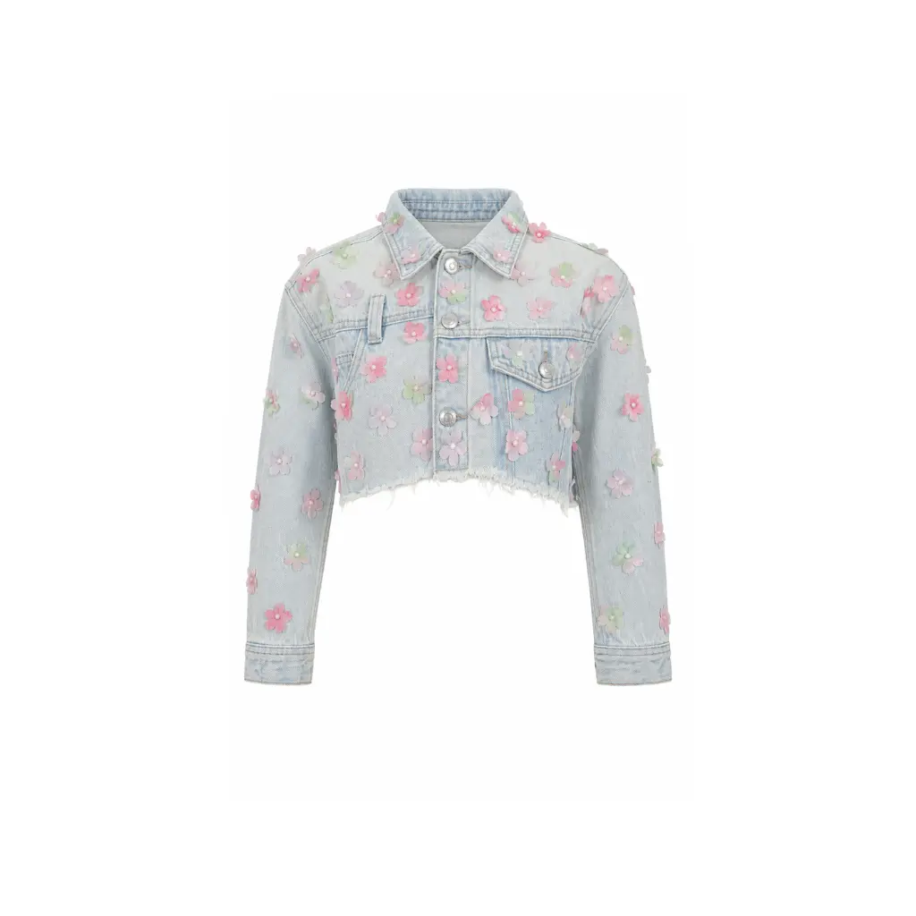 Wildgeese Handcrafted 3D Floral Cropped Denim Jacket – Premium Designer Women's Light Wash Jacket
