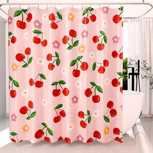 Pink Cherry Shower Curtain Polyester 72x72 Inch Cute Fruit Floral Bath Decor Easy Clean Versatile Bathroom Accessory