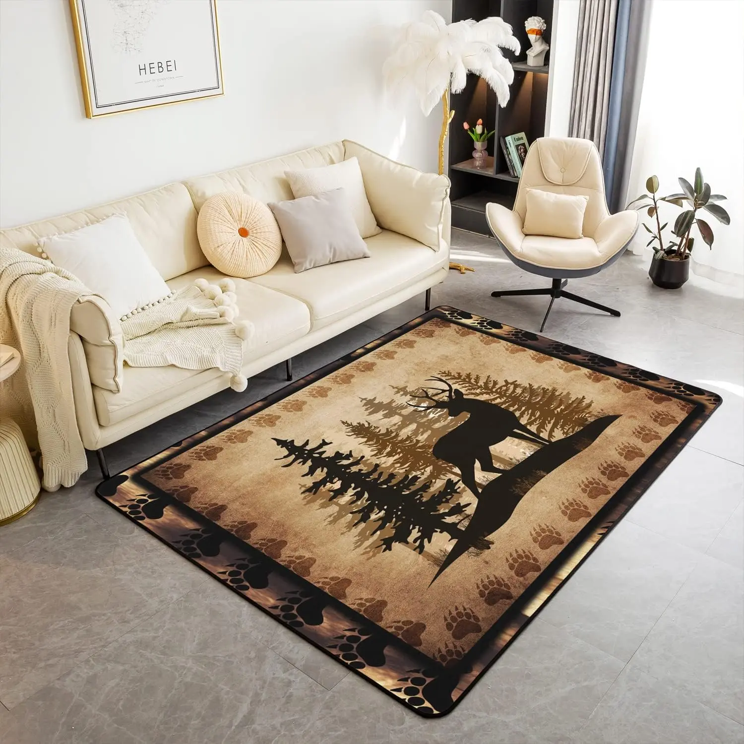 Feelyou Exotic Flannel Rug - Animal Print Decorative Mat with Cute Deer, Bear Paw Print & Tree Pattern, Brown Artistic Exotic Paw-Shaped Accent Rug for Living Room & Bedrooms (Deer Hunting Themed Soft Furnishing), Animal Print Rug