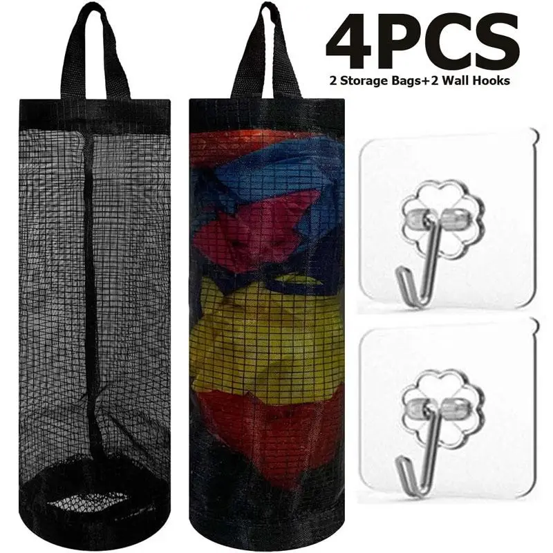 Trash Bag Holder Set, 4pcs/set Including 2 Storage Bags & 2 Wall Hooks, Mesh Hanging Storage Dispenser Set