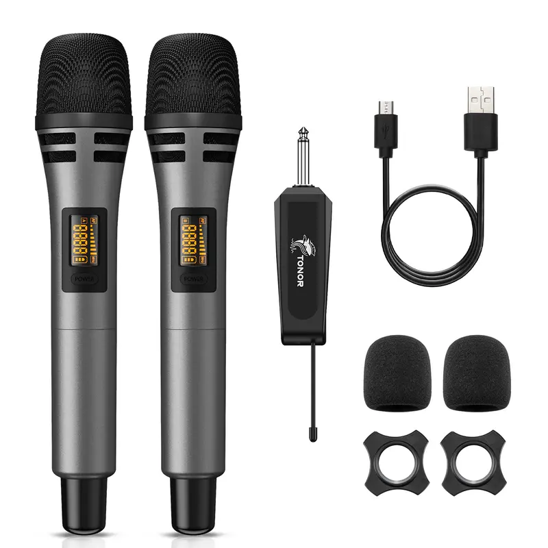 TONOR UHF Dual Mic System for Karaoke 15 Channels, Cordless Wireless Microphones with Rechargeable Receiver, 6.35mm Jack Plug Play for Wedding Business Events, 200ft Range, High Quality Sound
