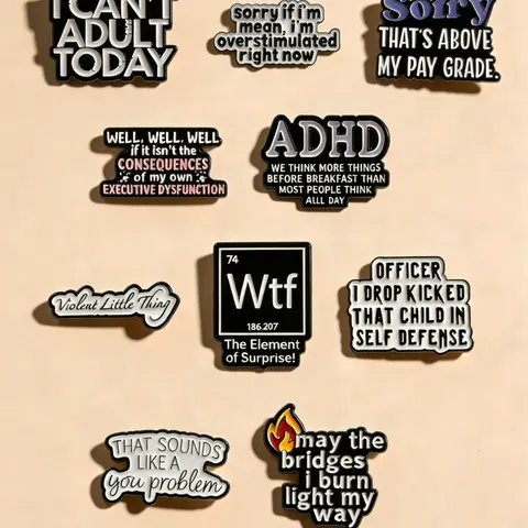 10Pcs Fun Slogan Enamel Brooch Set, Sassy Quote Badges, Unisex Fashion Accessories, Durable Zinc Alloy Metal Pins, DIY Lapel Pins, Perfect Birthday Gift