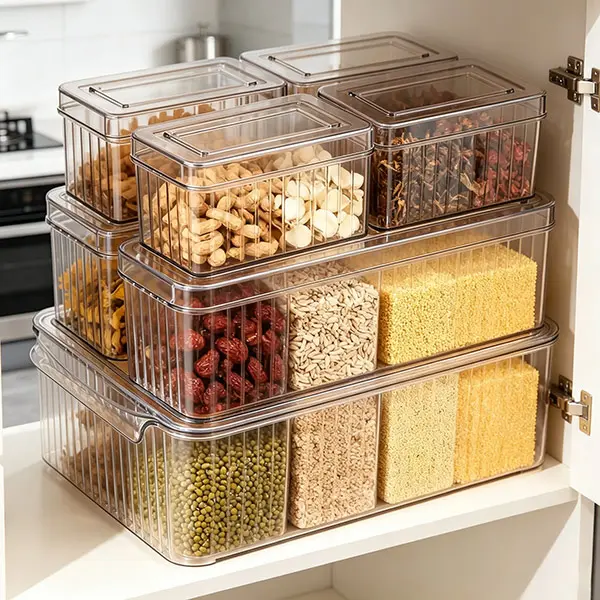 7-Piece Plastic Stackable Airtight Kitchen Storage Containers, Multipurpose Space-Saving Organizer Jars for Pantry, Countertop Grain Storage