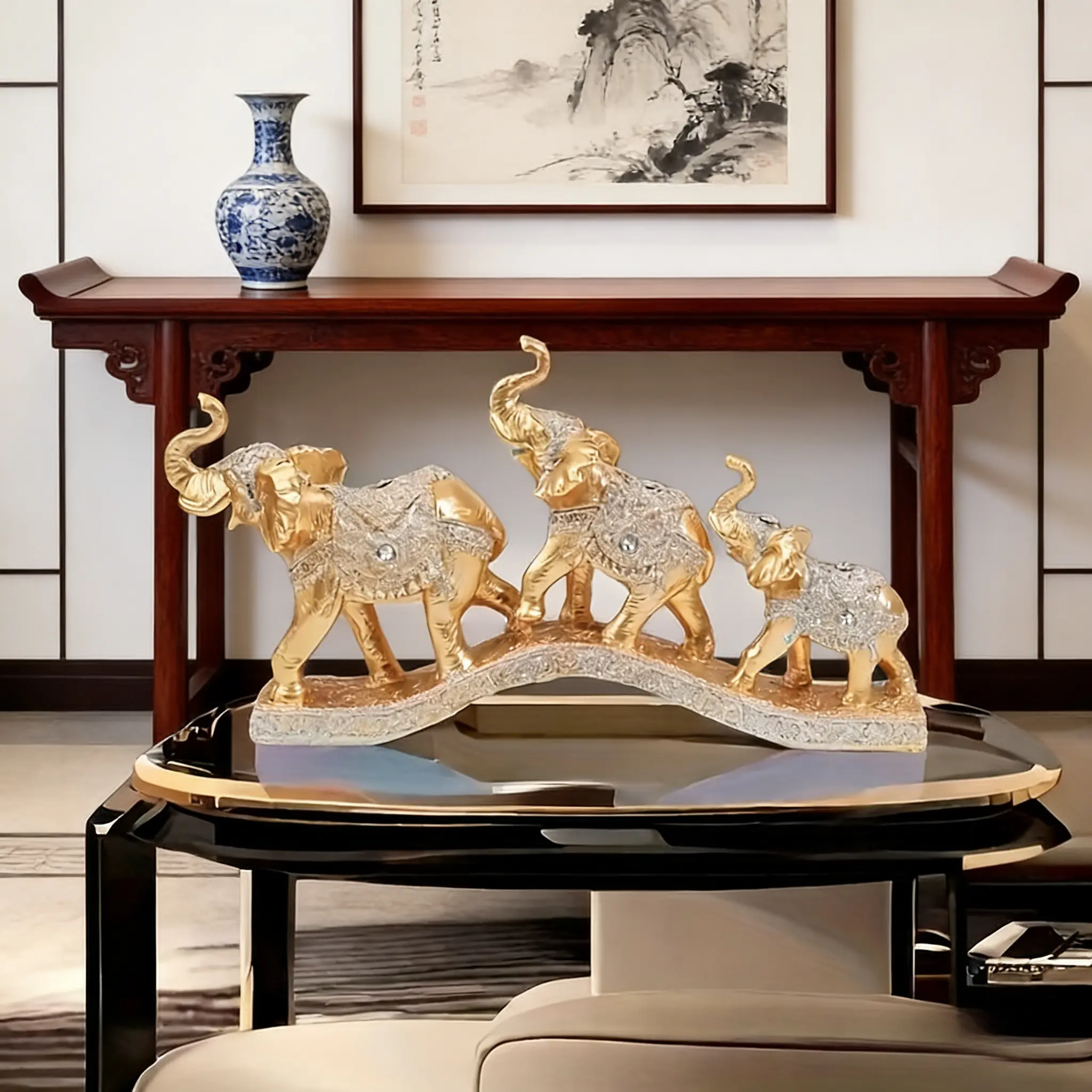 Golden Elephant Ornament - Elegant Decorative Figurine for Home & Office - Perfect for Feng Shui & Gift Giving - High-Quality Materials & Intricate Design