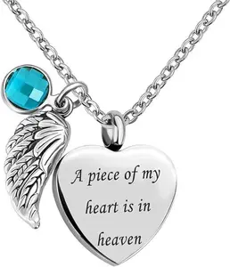 Angel Wing Love Heart Birthstone Crystal Urn Necklace for Ashes