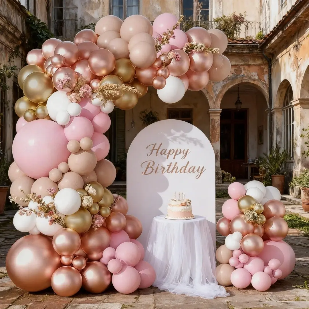 129pcs Rose Gold Balloon Arch Flower Ring Kit, Balloon Arch Decoration, Birthday Party Decorations, Happy Birthday, Various Sizes Chrome Balloons, Metallic Latex Balloons, Wedding Bridal Shower Birthday Party Decor