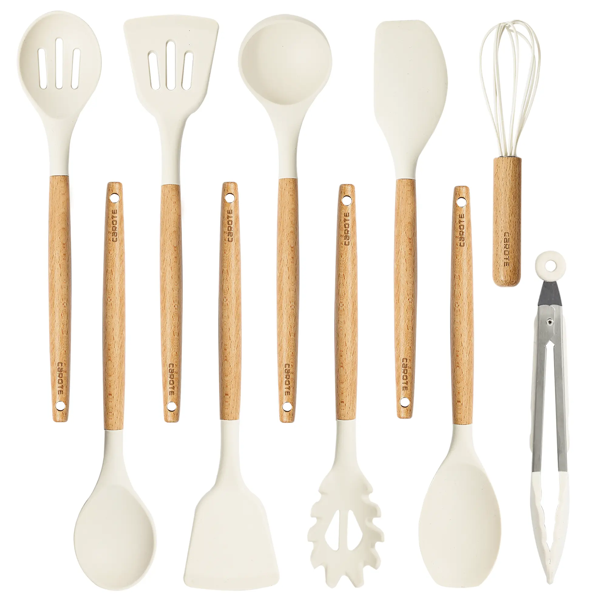 Silicon Cooking Utensils Set for Kitchen,446°F Heat Resistant 10 pcs Non-Stick Cooking Set with Wooden Handle Spatula Turner Spoon Tongs Whisk Pasta Silicone Sturdy