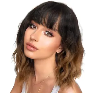 HMD Women's Short Wavy Bob Wig with Bangs - Shoulder-Length Synthetic Full Machine Wig, Natural Black-to-Brown Heat-Resistant Hair for Female Daily & Party Use