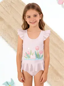Girls Bunny Tulip Garden Swimwear, Breathable Style, Summer Baby Swimsuit for Beach