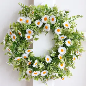 2026 New Summer Faux Daisy & Sunflower Wreath, Realistic Artificial Floral Hanging Ornament - Home Decor Door Hanger, Spring/Summer Faux Greenery Outdoor Accent