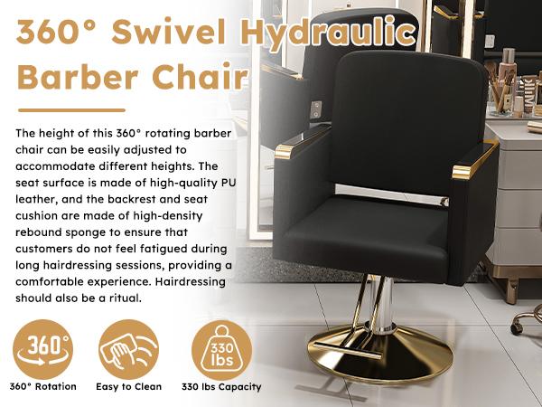 Hydraulic Salon Chair 360° Swivel - Professional Barber Stylist Chair with Pump, Retro Heavy Duty Barber Chair,Non-Tilting Hairdressing Chair for Salon Tattoo Spa, Black Gold Stylist Equipment (Single Pack)