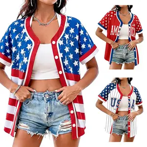 Women USA Flag Baseball Jersey Shirt Patriotic 4th of July V Neck Button Down Short Sleeve Top American Independence Day Casual Sports Tee Summer Outfit S-5XL