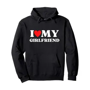Men's Hoodies I Love My Girlfriend" Valentine's Day Hoodie - Cozy Cotton Blend Pullover with Heart Graphic, Long Sleeve Casual Sweatshirt for Men, Black with White Text & Red Hearts, Perfect Gift for Couples
