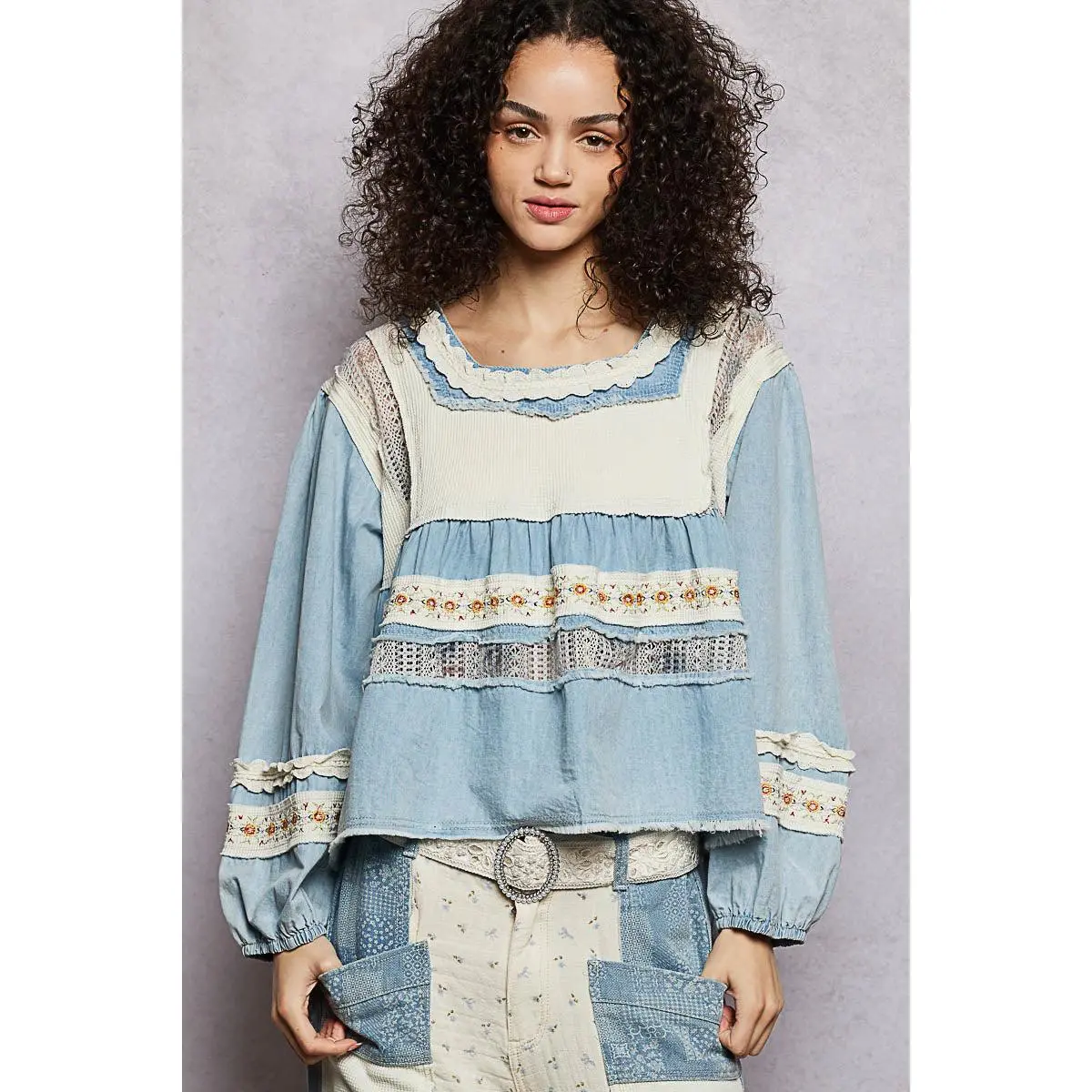 Women's Billie Jean Tiered Ruffle Lace Blouse - Long Sleeve, Breathable Everyday Fabric, Casual Style Top, Cotton, Fit, Shirts