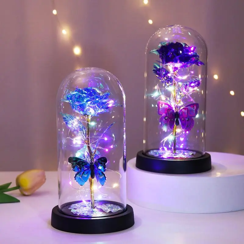 LED Butterfly Rose in Glass Dome, Galaxy Lighted Rose Flower, Battery Powered Forever Rose Gift for Mom, Wife, Girlfriend, Birthday, Anniversary & Mother’s Day
