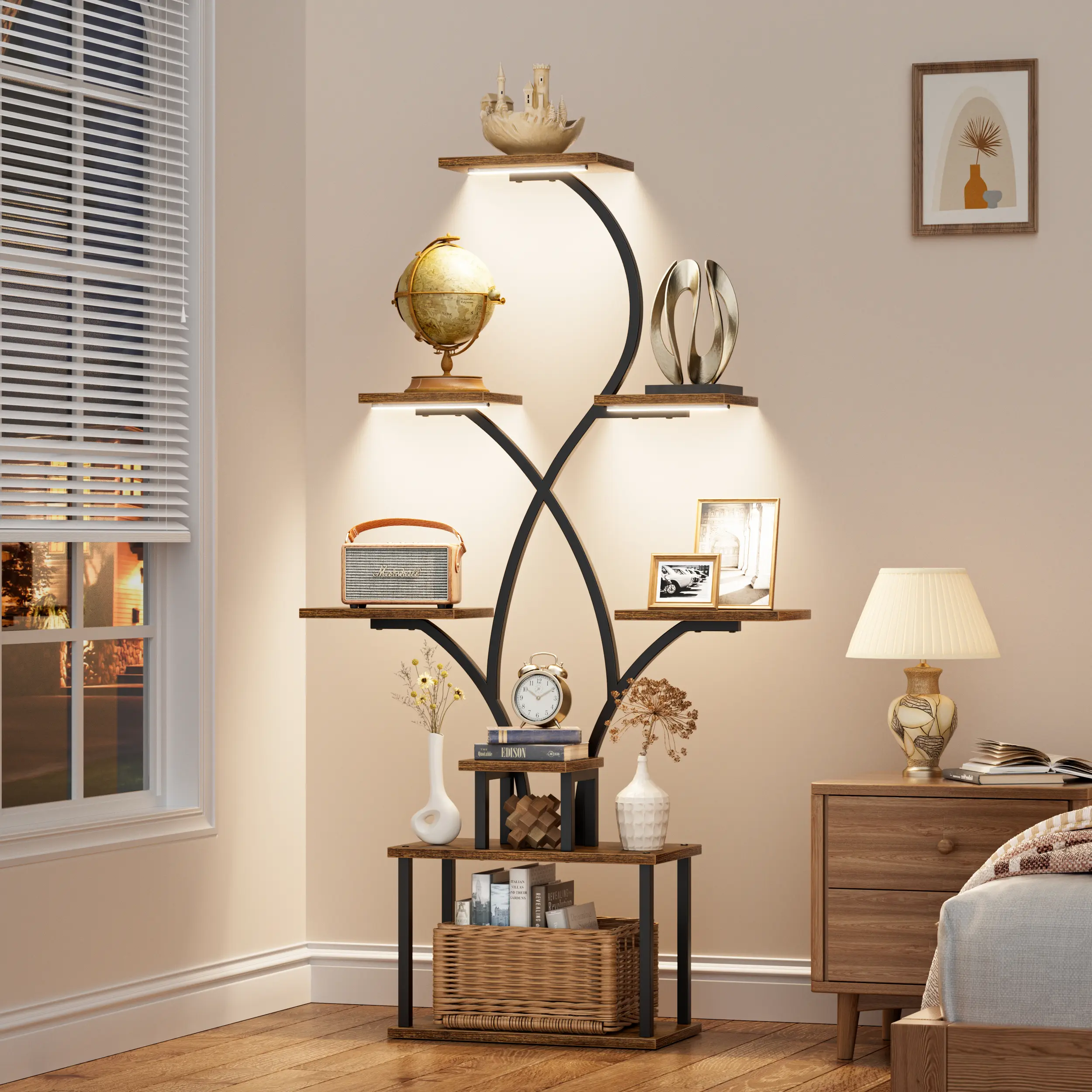 Tall Bookshelf Ladder Bookcasewith Lights, 8 Tier Flower Spike-Shaped Home Office Storage Book Collectibles Shelves, 62" Modern Corner Display Shelf for Bedroom Living Room Balcony, Rustic Brown