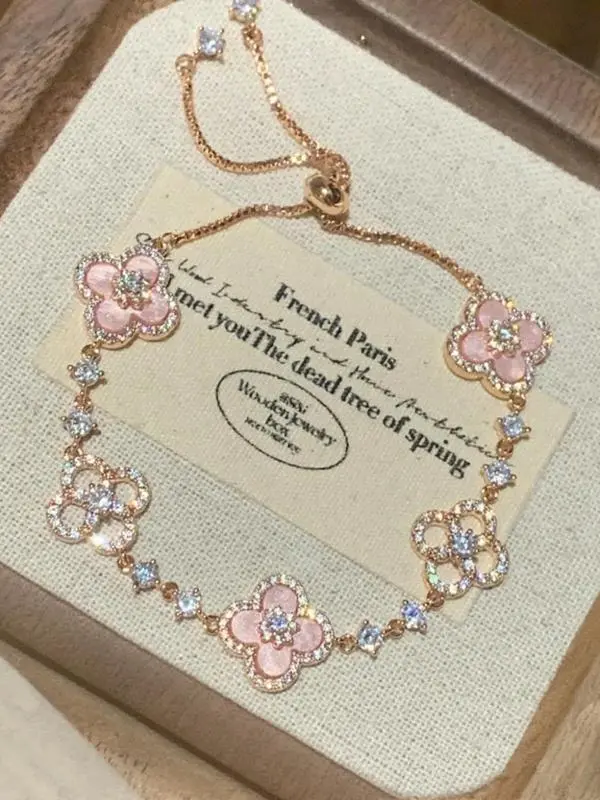 Women's Four-Leaf Clover Bracelet with Sparkling Quartz Adjustable Allergy-Free Waterproof Design Rose Option Available Flower Design Bracelet Trendy Stack Bangle Personalized Jewelry