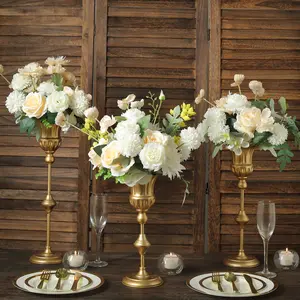 Set of 3 Trumpet Flower Vase Centerpieces Metallic Gold - Vintage Style Flute Table Decorative Stands 13", 16", 19"