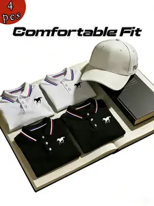 Men's Polo Shirt Set, Casual Fashion Homewear, Summer Essential, Solid Color Short Sleeve Horse Print, Contrast Collar, Breathable Daily Wear
