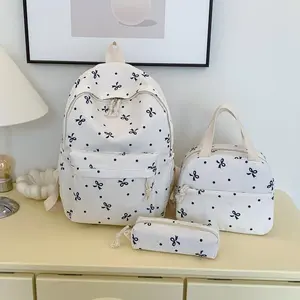 3-Piece Bow Print Backpack Set for Women Matching Crossbody Bag&handbag&Pencil Case Multi-Pocket Lightweight School Bundle