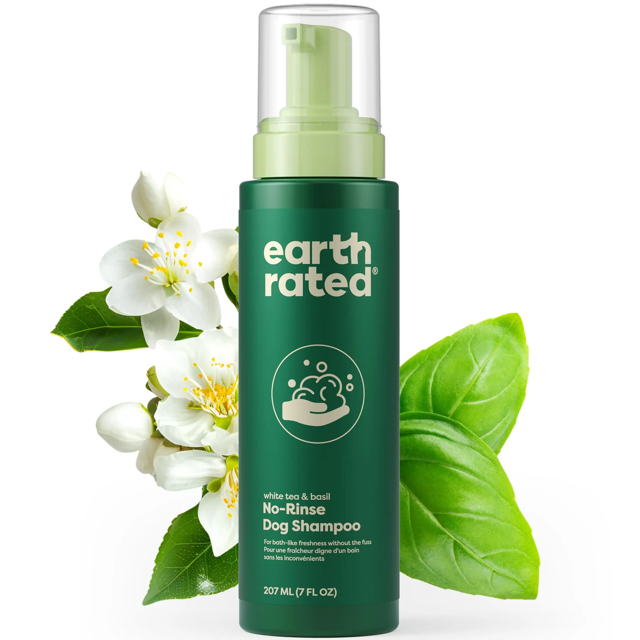Earth Rated No-Rinse Dog Shampoo 7 oz - White Tea & Basil Scent, Convenient Waterless Formula for All Coat Types, Refreshing Scent
