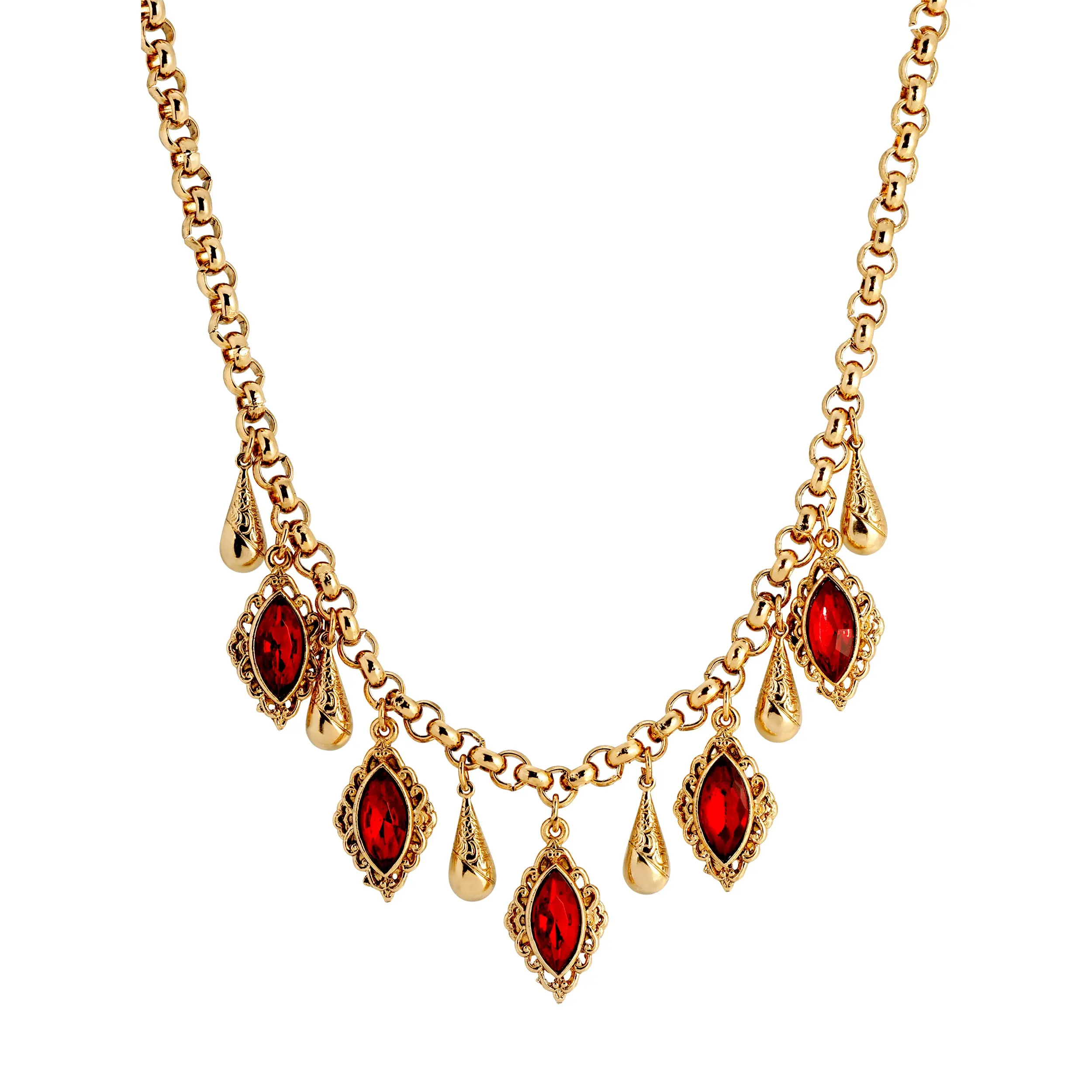1928 Jewelry Siam Red Ruby Crystal & Vine Teardrop Necklace 16" + 3" Extension