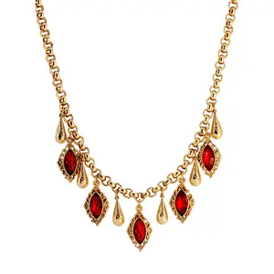 1928 Jewelry Siam Red Ruby Crystal & Vine Teardrop Necklace 16" + 3" Extension