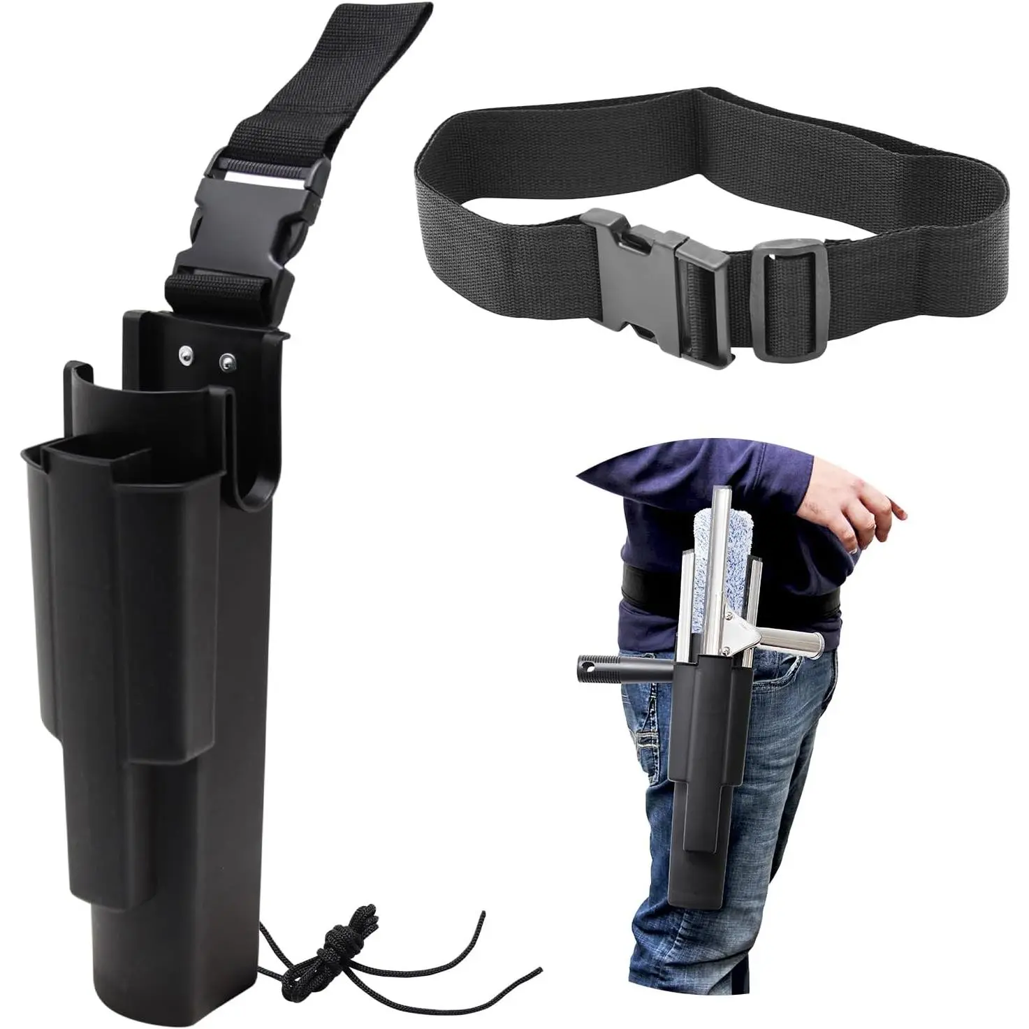 Side bucket for window cleaning, can be attached to a belt, holds 3 squeegees and a washer