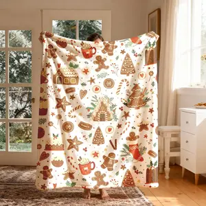 Christmas Gingerbread Theme Flannel Blanket, Large Size, Soft Lightweight Warm, Perfect for Bed Sofa Office Camping Travel Gift, Winter Blanket