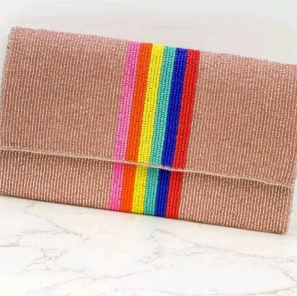 rainbow beaded striped handbag, with gold chain shoulder strap