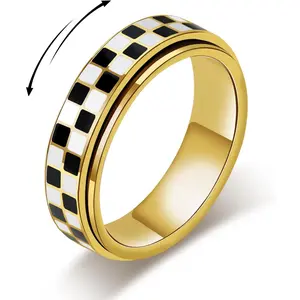 Checkered Fidget Ring for Adults - 18K Gold Plated Stainless Steel Rotating Spinner Jewelry, Anxiety & Stress Relief Gift for Women/Men (Black and White Pattern)
