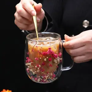 2-Pack Anti-Scald Transparent Glass Cups, Embedded Eternal Flower Design, Heat & Cold Resistant Mugs for Home & Office. Thickened Anti-Slip Base & Wide Mouth, Ins Style Couple & Mother's Day Gift Set.