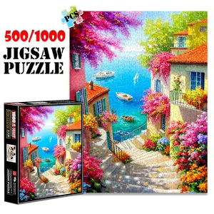 1pc 1000 piece adult puzzle 70x50cm Seaside Village with Flower - covered Buildings and Boats on Water 500 pieces of paper jigsaw puzzle, suitable for adults and families, large-scale DIY puzzle