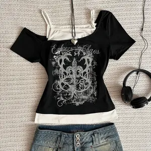Women's 90s Vintage Punk T-Shirt Summer Streetwear Sexy Short Sleeve Gothic Slim Crop Top Hotgirl Casual Femme Tee Harajuku Y2k Womenswear Tshirt