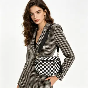 Black and white checkered nylon hip bag, large size - Spacious design for essentials - MORE COLORS! Great gift: waist-style crossbody bag