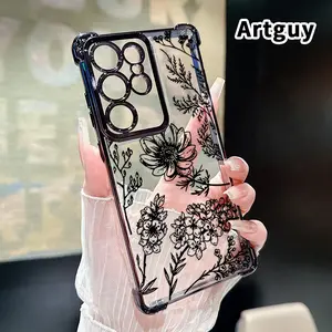 Floral Sketch Pattern Phone Case Compatible with Samsung Galaxy S23 Ultra S24 Plus S25 S22+ FE Edge Four Corners Air Cushion Anti-drop Silicone Shockproof Cellphone Cover